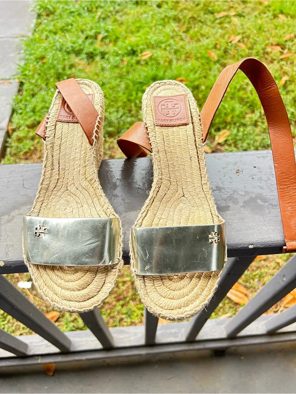 Tory Burch Silver Metallic & Tan Leather Espadrille Slides